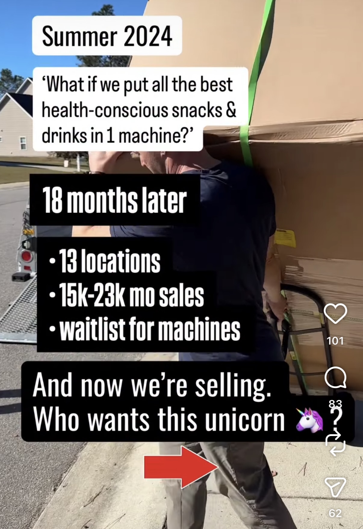 Instagram post: Summer 2024, 18 months later &mdash; 13 locations, 15k-23k monthly sales, waitlist for machines, and now we're selling